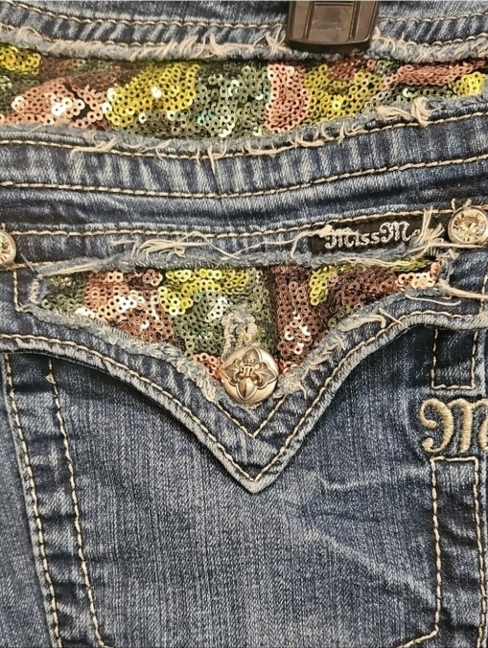 Miss Me Blue Bootcut Jeans with Sequin Floral Pocket Accents 32" Inseam - Picture 3 of 7